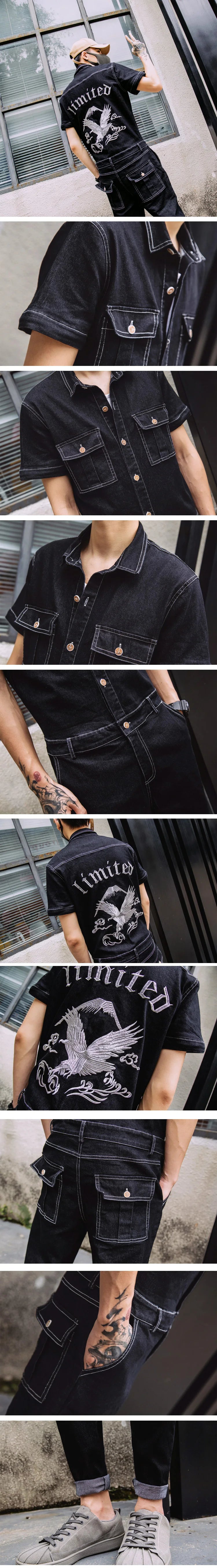 Autumn Embroidery Denim Jumpsuit Mens Fashion Single Breasted Rompers Long Sleeve Pockets Overalls New One-piece Suits Romper