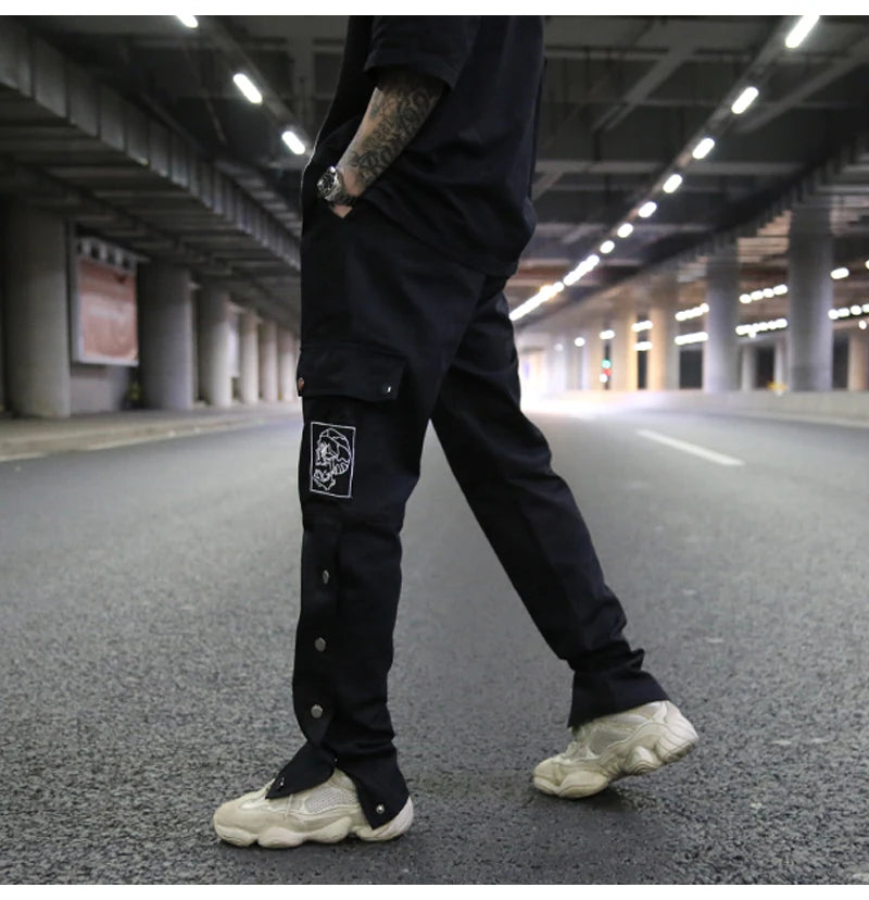 mens casual hip hop joggers side button trouser elastic waist drawstring sweatpants 2019 new cargo pockets streetwear man pants unique joggers style 2428