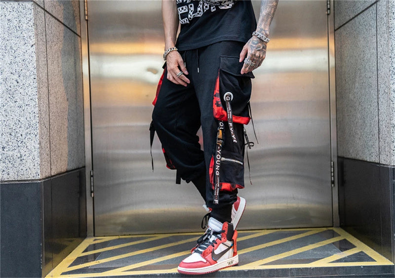 hip hop ribbons cargo pants men joggers pants streetwear men 2023 fashion mens elastic waist pant ribbons cotton black hw203 unique joggers style 2431
