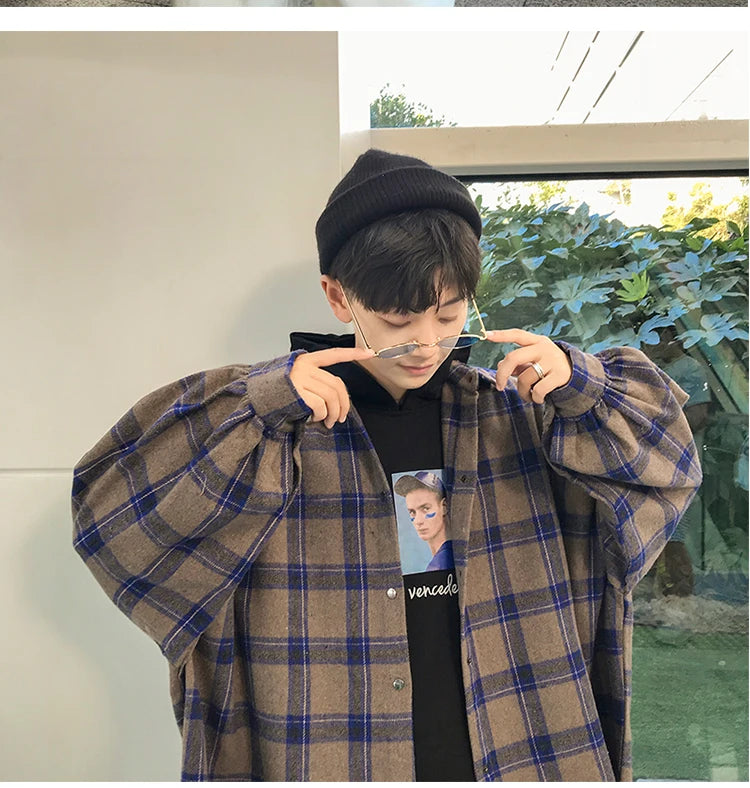 Y2k Harajuku Harajuku Plaid Shirt 2023 Man Streetwear Fleece Shirts Long Sleeve Mens Vintage Korean Fashions Clothes