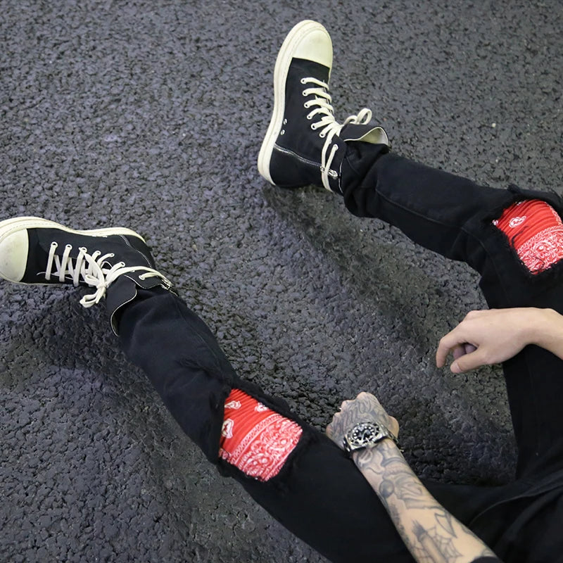 knee patchwork jeans for men hip hop skinny biker taped jean trousers slim fit black denim pants fashion streetwear jogger relaxed fit joggers