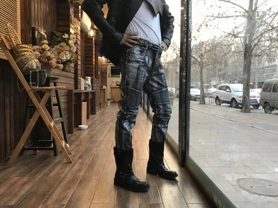 designer metal printed punk style jeans for men motorcycle vintage zipper hip hop coated pants 2018 new streetwear biker pants unique jeans style 2233