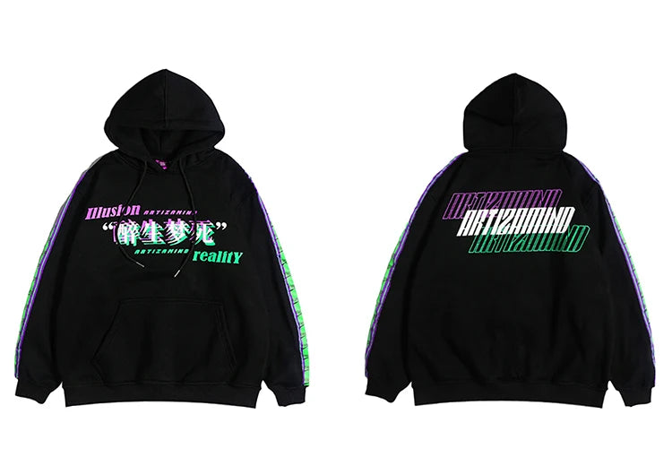 Men Hip Hop Hoodie Sweatshirt Drunk Illusion Chinese Character Hoodie Streetwear Casual Black Hooded Pullover Cotton Autumn 2023