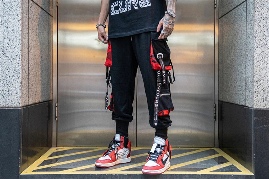 hip hop ribbons cargo pants men joggers pants streetwear men 2023 fashion mens elastic waist pant ribbons cotton black hw203 unique joggers style 2433