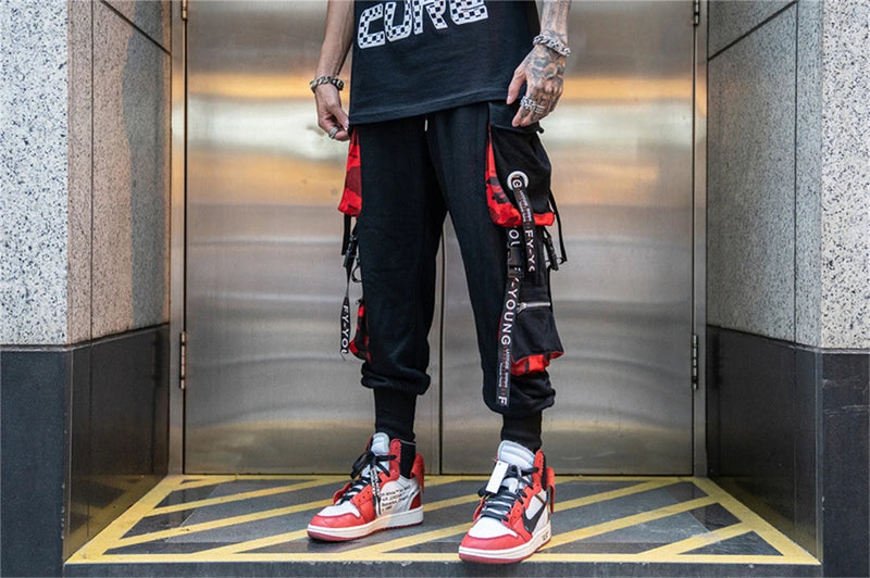 hip hop ribbons cargo pants men joggers pants streetwear men 2023 fashion mens elastic waist pant ribbons cotton black hw203 unique joggers style 2433