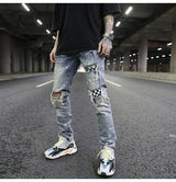 high street fashion destroyed jeans mens knee hole patchwork plaid ripped slim biker jeans new hip hop zipper pants joggers unique joggers style 4210