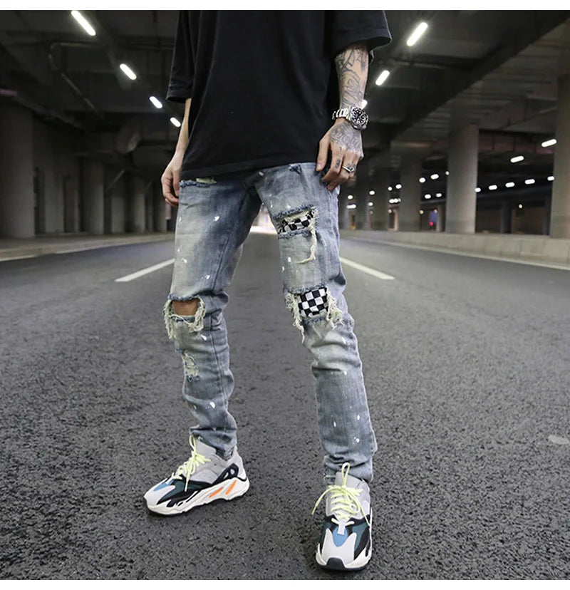 high street fashion destroyed jeans mens knee hole patchwork plaid ripped slim biker jeans new hip hop zipper pants joggers unique joggers style 4210
