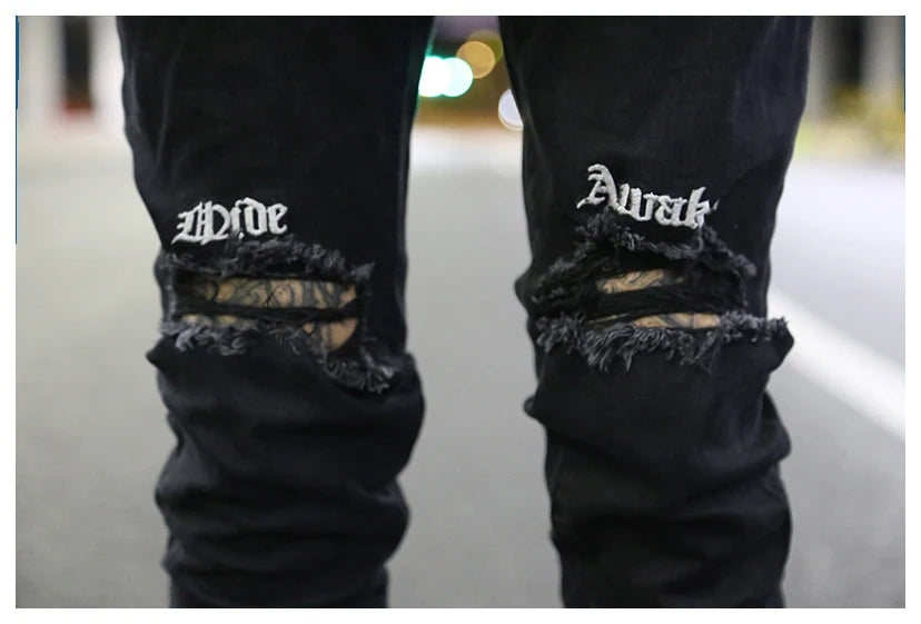 embroidery knee ripped hole jeans for men hip hop skinny biker destroyed taped jeans slim fit black denim pants 2018 new jogger unique joggers style 2171