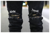 embroidery knee ripped hole jeans for men hip hop skinny biker destroyed taped jeans slim fit black denim pants 2018 new jogger unique joggers style 2171