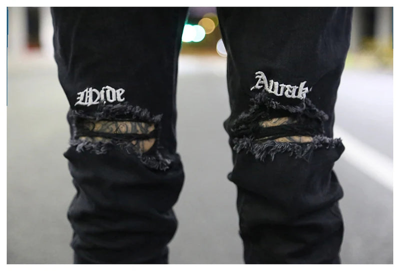 embroidery knee ripped hole jeans for men hip hop skinny biker destroyed taped jeans slim fit black denim pants 2018 new jogger unique joggers style 2171