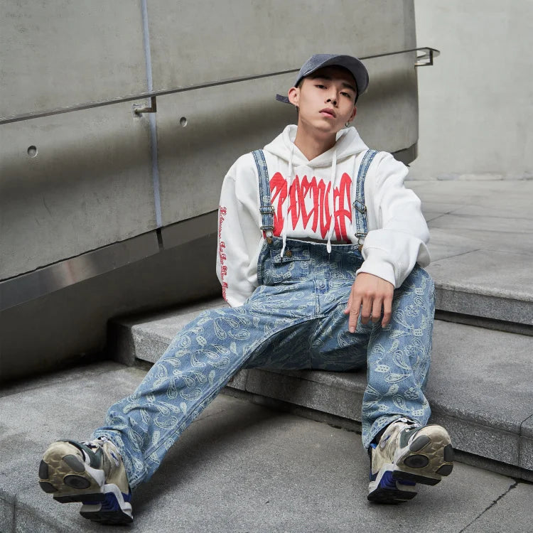 hip hop denim suspender trousers 2019 spring mens new fashion embroidery denim jeans jumpsuit loose straight casual pants unique jeans style 888