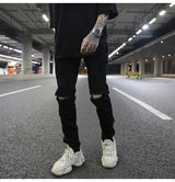 high street knee hole ripped biker jeans men slim fit elastic denim pants autumn new casual black stretch hip hop pants jogger unique joggers style 1738