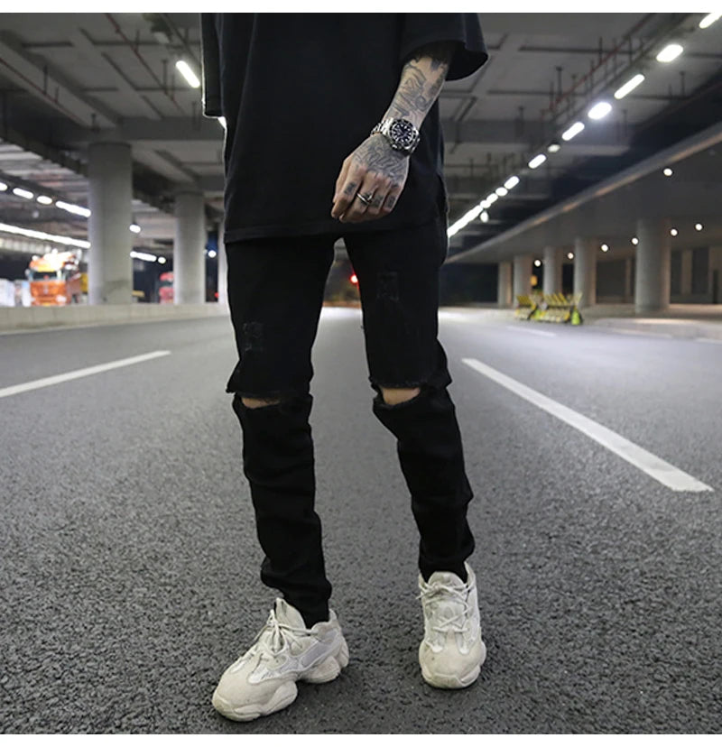 high street knee hole ripped biker jeans men slim fit elastic denim pants autumn new casual black stretch hip hop pants jogger unique joggers style 1738