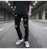 knee hole destroyed jeans patchwork plaid patch ripped slim mens biker jeans fashion streetwear hip hop zipper pants jogger unique joggers style 4236