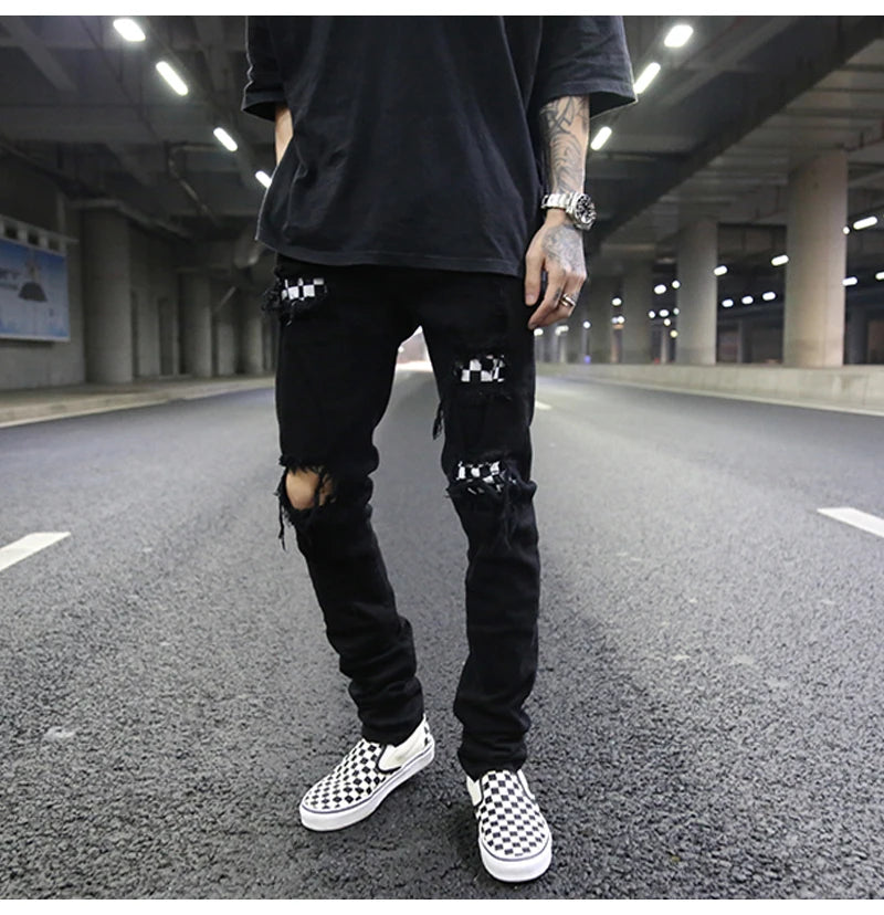knee hole destroyed jeans patchwork plaid patch ripped slim mens biker jeans fashion streetwear hip hop zipper pants jogger unique joggers style 4236