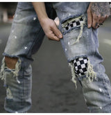 high street fashion destroyed jeans mens knee hole patchwork plaid ripped slim biker jeans new hip hop zipper pants joggers unique joggers style 4215