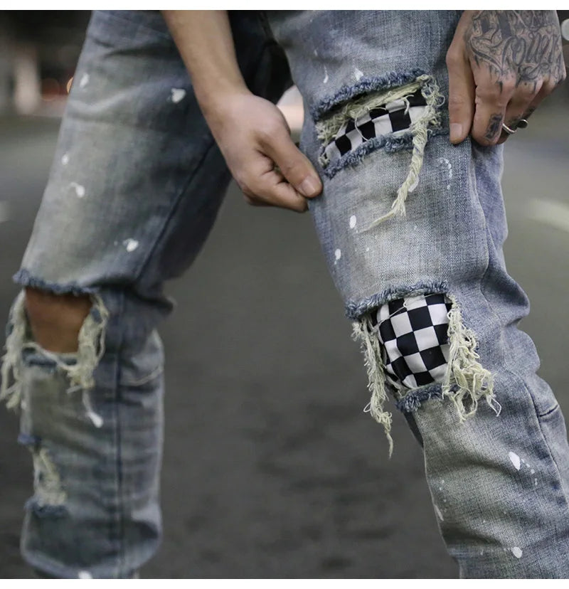 high street fashion destroyed jeans mens knee hole patchwork plaid ripped slim biker jeans new hip hop zipper pants joggers unique joggers style 4215