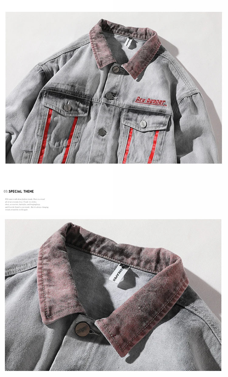 graphic outerwear featuring hi street men 2018 new autumn winter denim jacket washed patchwork red stripe distressed denim man slim fit streetwear jeans ja design – premium quality jacket for men