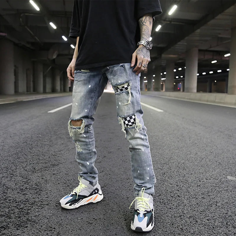 high street fashion destroyed jeans mens knee hole patchwork plaid ripped slim biker jeans new hip hop zipper pants joggers sporty tapered joggers