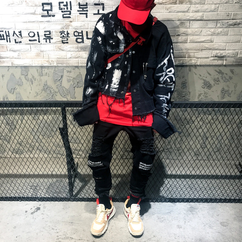 everyday fit style hip urban unisex fashion quality hop image style design graphic print high essential 6d5365 wear streetwear premium oversized casual - designer-irregular-hand-painted-ripped-denim-jacket-coat-mens-hip-hop-autumn-outerwear-fashion-black-jean-streetwear-jackets material streetwear design ID 5533b