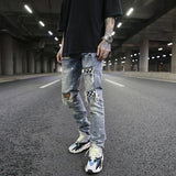 high street fashion destroyed jeans mens knee hole patchwork plaid ripped slim biker jeans new hip hop zipper pants joggers casual joggers