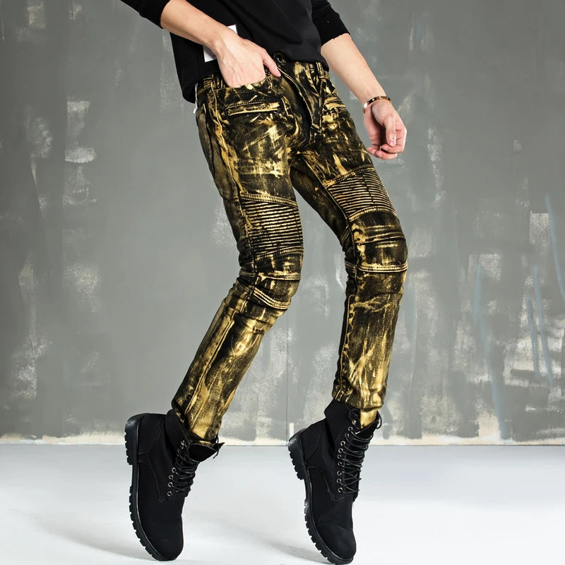 designer metal printed punk style jeans for men motorcycle vintage zipper hip hop coated pants 2018 new streetwear biker pants unique jeans style 2228