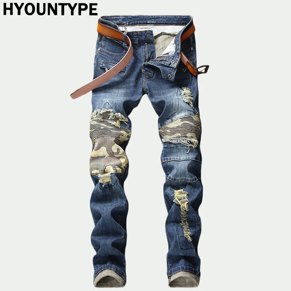 mens knee pleated ripped denim jeans fashion patchwork camouflage retro blue motorcycle trousers hiphop streetwear biker pants vintage washed jeans