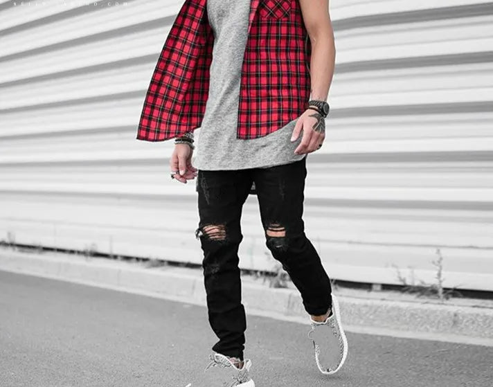 knee ripped hole biker jeans men denim destroyed slim fit zippers jeans fashion trousers black streetwear hip hop pants jogger unique joggers style 4315