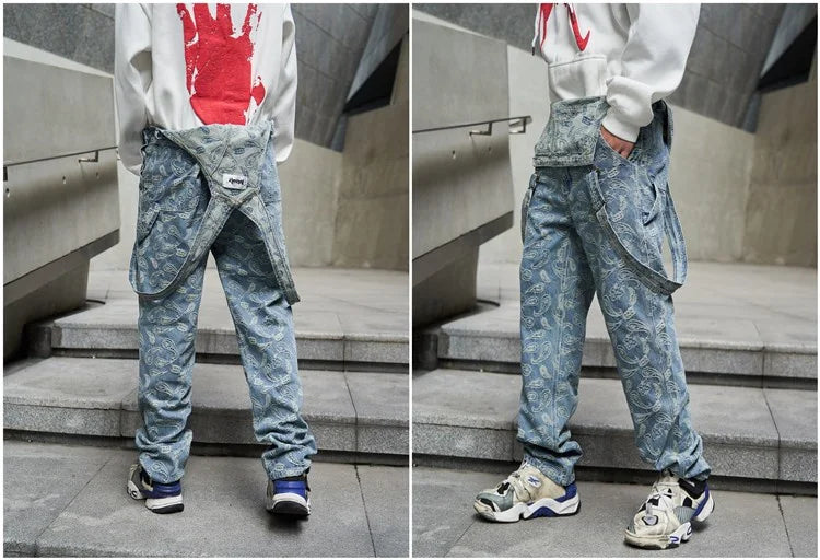 hip hop denim suspender trousers 2019 spring mens new fashion embroidery denim jeans jumpsuit loose straight casual pants unique jeans style 877