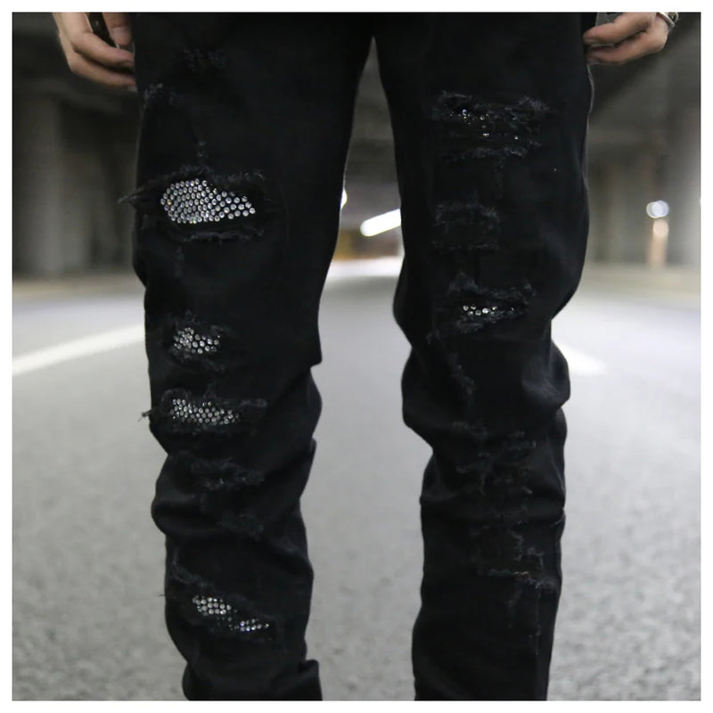 graffiti printed ripped destroied denim jean mens distressed biker jeans with sequins 2018 fashion high street slim pants jogger unique joggers style 3342