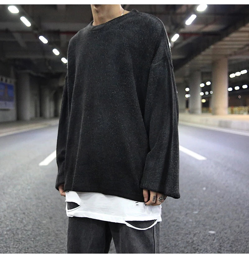 high street vintage wash sweater men loose knitted pullovers long sleeve hip hop oversize sweaters autumn casual jumper knitwear unique limited edition hoodie, high quality cotton pullover, trendy hip hop style outerwear