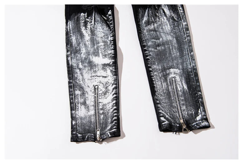 bottom graffiti printed zipper denim jeans mens ripped knee hole biker jean motorcycle slim trousers streetwear hip hop pants unique jeans style 2704