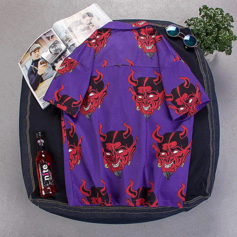 Devil Full Printing Turn-down Collar Casual Shirts High Street Pink /Purple