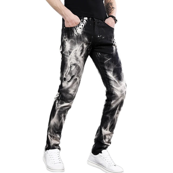 mens fashion wolf printed denim jeans new spring summer slim black painted straight pants cool streetwear male long trousers vintage washed jeans