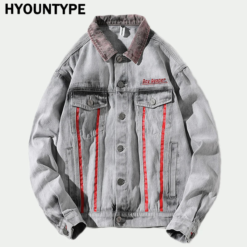 trendy coat featuring hi street men 2018 new autumn winter denim jacket washed patchwork red stripe distressed denim man slim fit streetwear jeans ja design – premium quality jacket for men