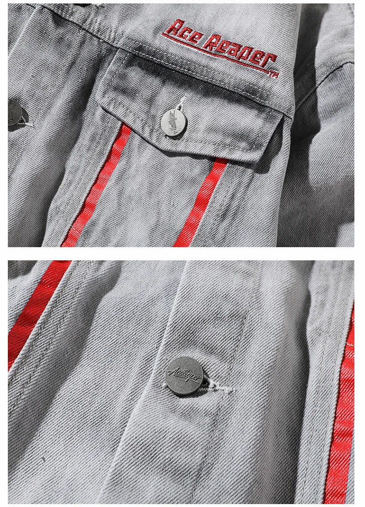 trendy coat featuring hi street men 2018 new autumn winter denim jacket washed patchwork red stripe distressed denim man slim fit streetwear jeans ja design – premium quality jacket for men