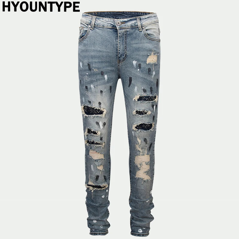 graffiti printed ripped destroied denim jean mens distressed biker jeans with sequins 2018 fashion high street slim pants jogger unique joggers style 3331