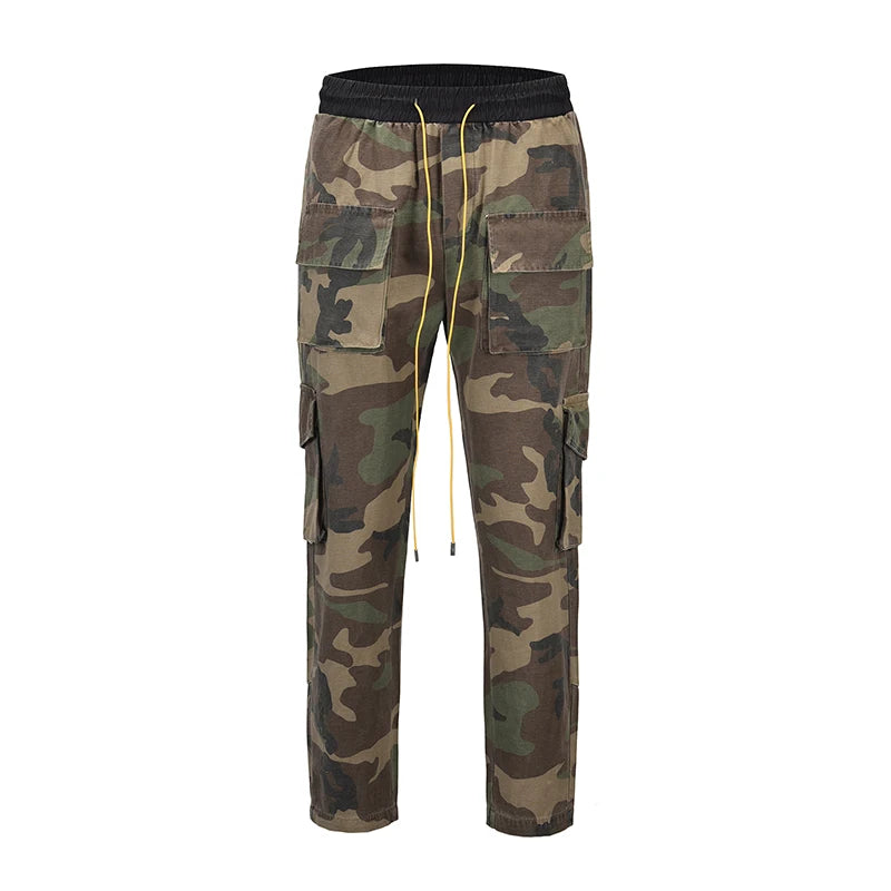 mens camouflage hip hop pants bottom button pockets cargo trousers fashion elastic waist drawstring sportswear streetwear jogger unique joggers style 3439
