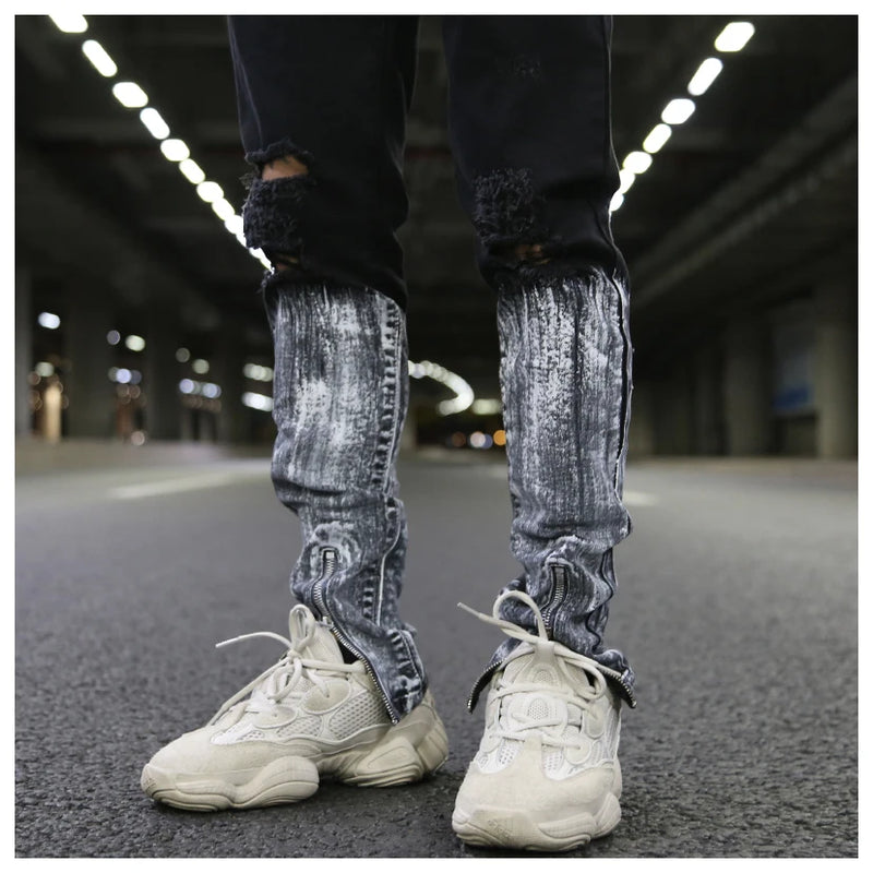 bottom graffiti printed zipper denim jeans mens ripped knee hole biker jean motorcycle slim trousers streetwear hip hop pants unique jeans style 2714
