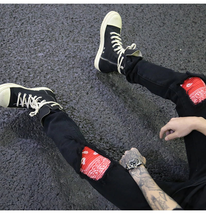 knee patchwork jeans for men hip hop skinny biker taped jean trousers slim fit black denim pants fashion streetwear jogger unique joggers style 950