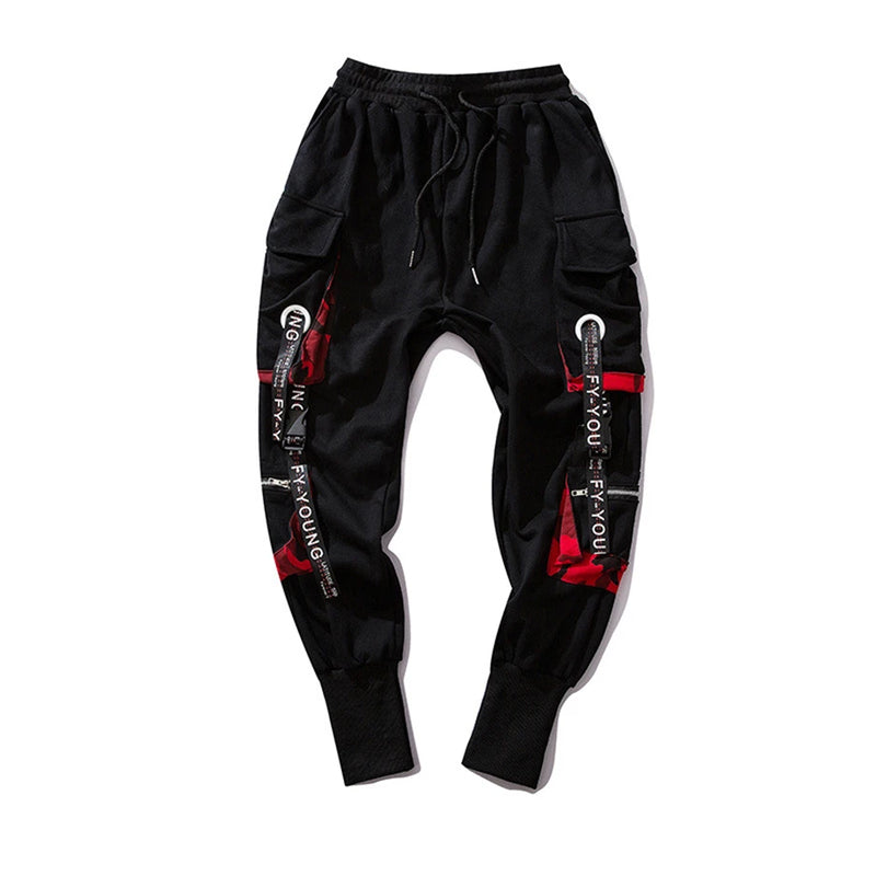 hip hop ribbons cargo pants men joggers pants streetwear men 2023 fashion mens elastic waist pant ribbons cotton black hw203 unique joggers style 2435