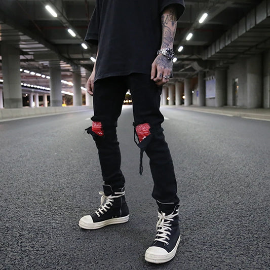 knee patchwork jeans for men hip hop skinny biker taped jean trousers slim fit black denim pants fashion streetwear jogger urban active pants