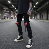 knee patchwork jeans for men hip hop skinny biker taped jean trousers slim fit black denim pants fashion streetwear jogger urban active pants