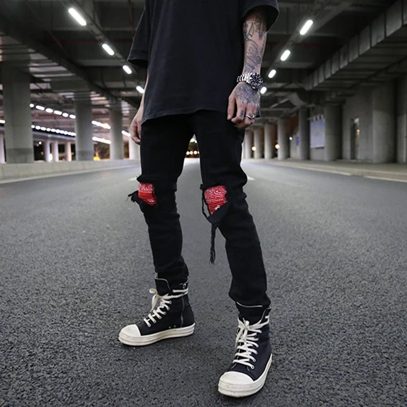 knee patchwork jeans for men hip hop skinny biker taped jean trousers slim fit black denim pants fashion streetwear jogger urban active pants
