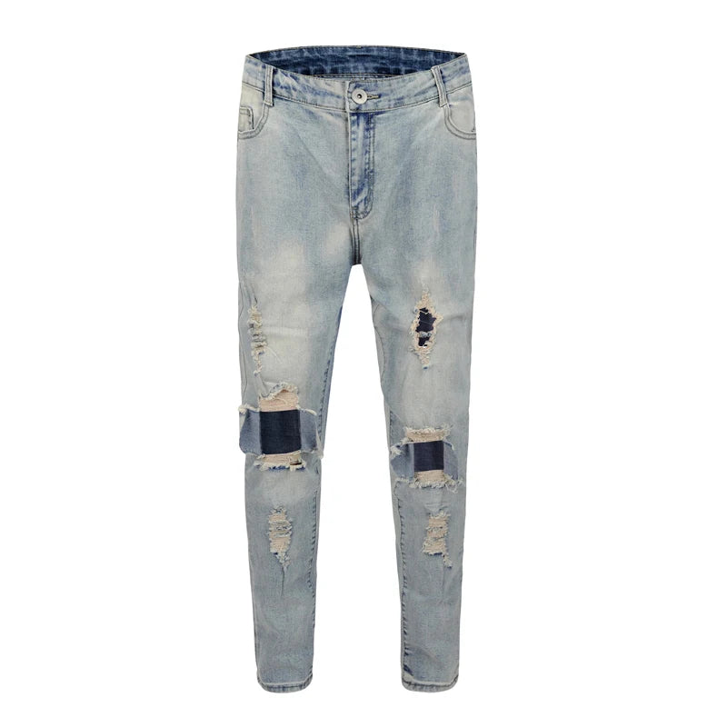 fashion designed slim fit ripped biker jeans hi street mens distressed denim joggers knee holes washed destroyed jeans men pants unique joggers style 1683
