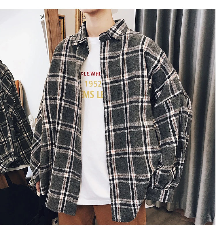 Y2k Harajuku Harajuku Plaid Shirt 2023 Man Streetwear Fleece Shirts Long Sleeve Mens Vintage Korean Fashions Clothes