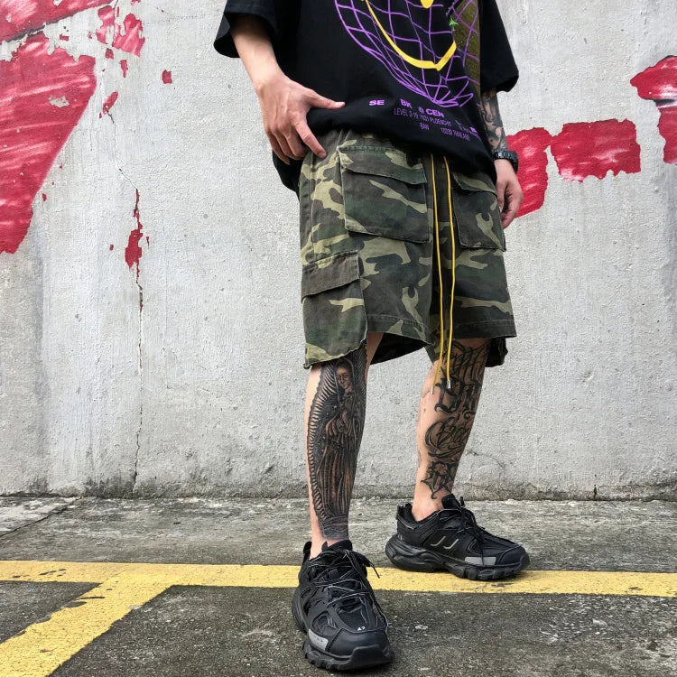 mens camouflage hip hop shorts stitching pockets cargo shorts casual elastic waist drawstring sportswear streetwear short pants unique cargo style 1884