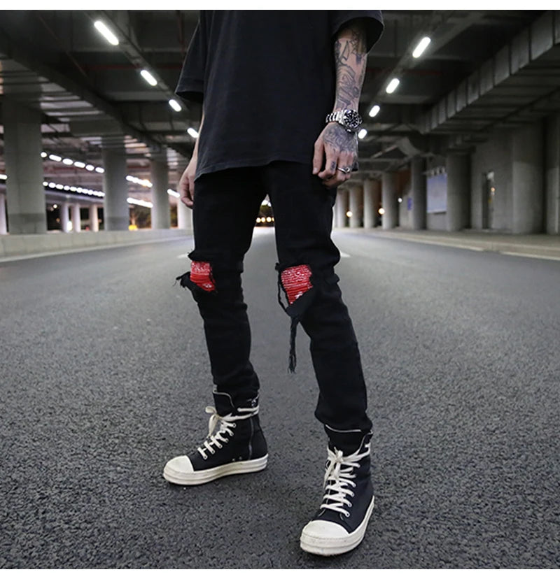 knee patchwork jeans for men hip hop skinny biker taped jean trousers slim fit black denim pants fashion streetwear jogger unique joggers style 951