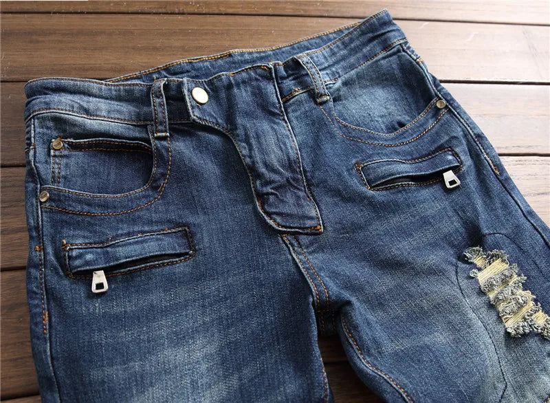 mens knee pleated ripped denim jeans fashion patchwork camouflage retro blue motorcycle trousers hiphop streetwear biker pants unique jeans style 1059