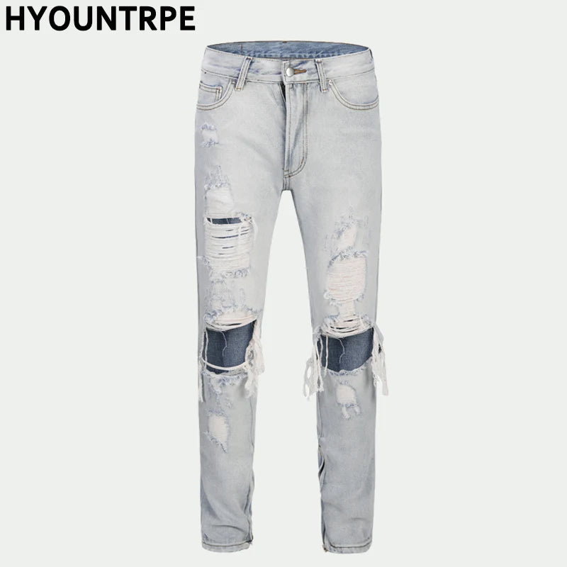 bottom zipper knee holes denim jeans destroyed ripped slim mens biker jeans new men fashion streetwear hip hop pants joggers unique joggers style 3389